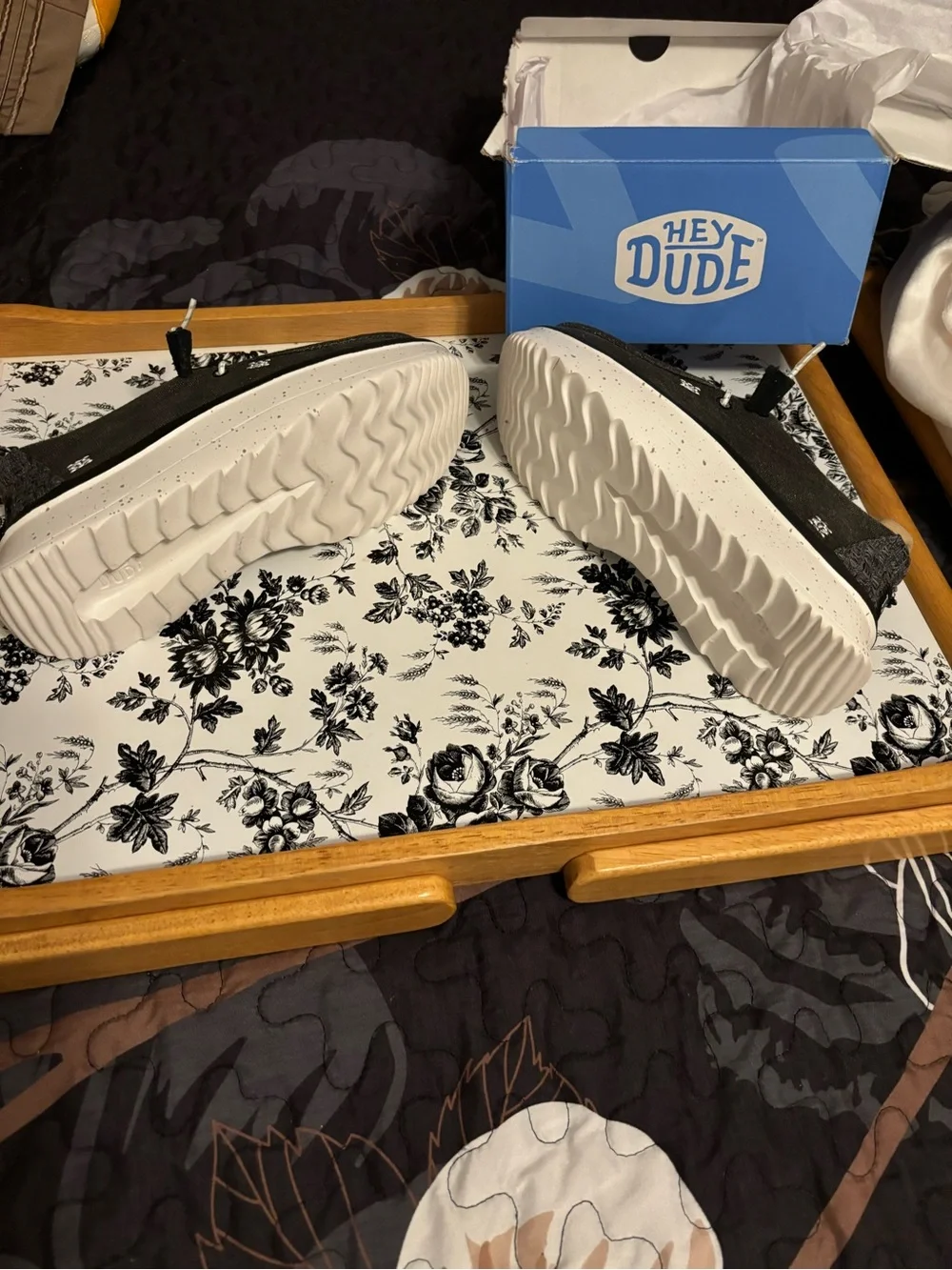 Hey Dude Black Canvas Slip-On Loafers with White Laces - Picture 3 of 4